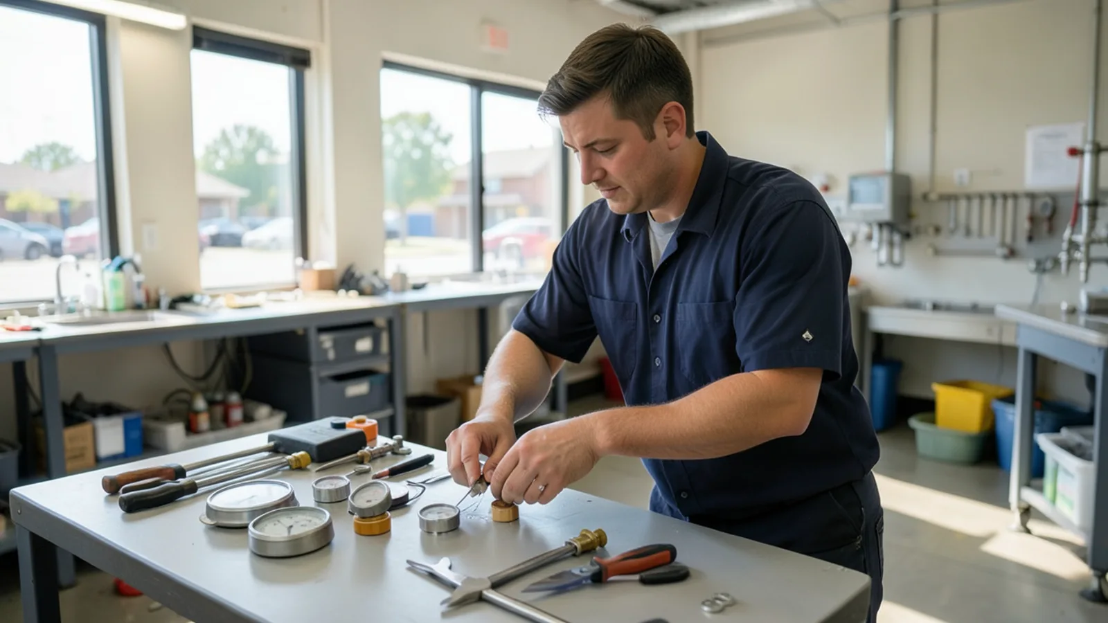 Plumbing professionals reviewing blueprints at Folsom workshop