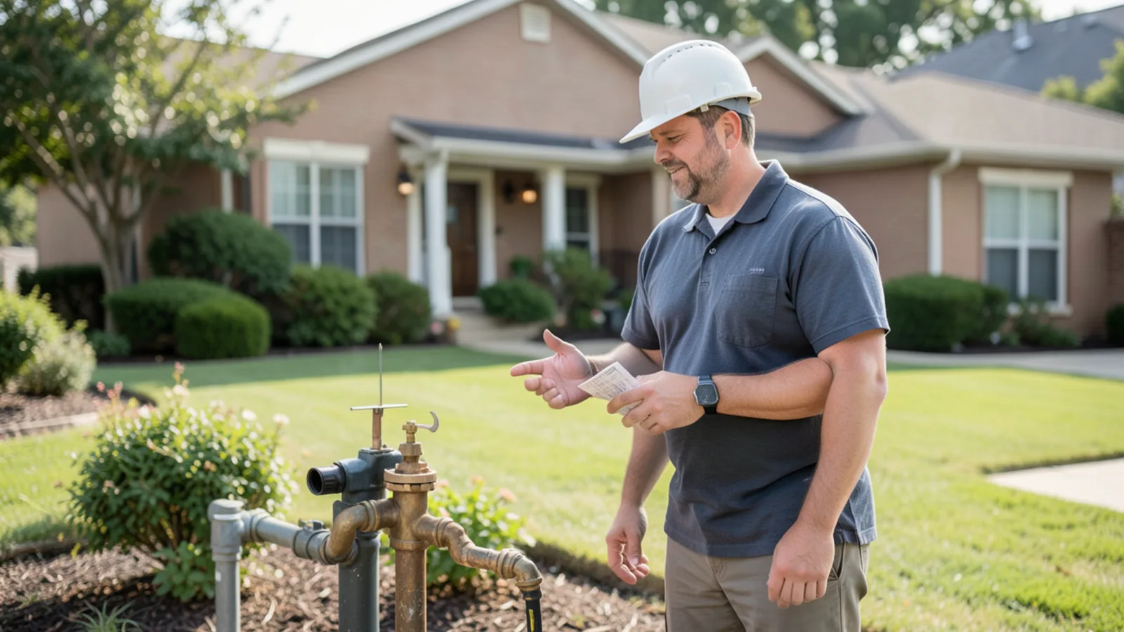 Homeowner inspecting residential water meter display box at sidewalk curb